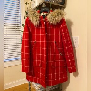 J Crew Chateau Parka stadium wool in red windowpane